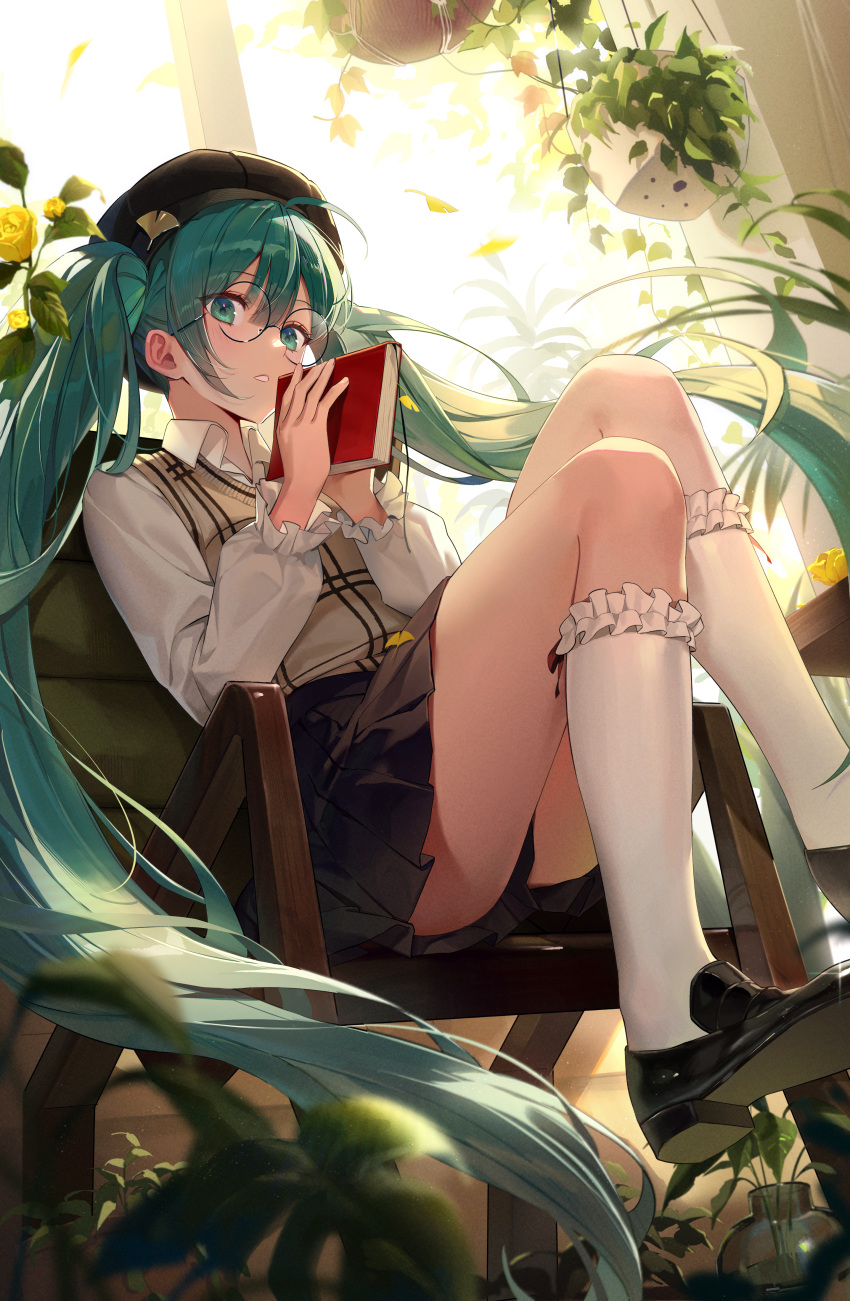 1girl absurdres ahoge aimitkkays aqua_eyes aqua_hair autumn autumn_leaves beret black-framed_eyewear black_footwear black_headwear black_skirt book falling_leaves flower frilled_socks frills ginkgo_leaf hair_between_eyes hat hatsune_miku highres holding holding_book kneehighs leaf loafers long_hair long_sleeves looking_at_viewer parted_lips plant pleated_skirt potted_plant puffy_long_sleeves puffy_sleeves round_eyewear shirt shoe_soles shoes sitting skirt socks solo sweater_vest thighs twintails vocaloid white_shirt white_socks yellow_flower