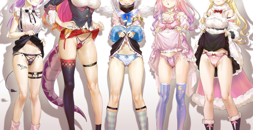 5girls :o absurdres amane_kanata angel_wings armband ass_visible_through_thighs asymmetrical_legwear bare_legs bare_shoulders black_panties black_skirt blonde_hair blue_bow blue_bowtie blue_panties blue_thighhighs bow bowtie breasts cameltoe cape closed_mouth clothes_lift commentary_request demon_tail detached_collar dragon_tail dress dress_lift frills fur-trimmed_cape fur_collar fur_trim groin hand_on_own_hip head_out_of_frame highres himemori_luna holoforce hololive kiryu_coco kuroi_suna large_breasts leg_tattoo legs lifted_by_self long_hair medium_breasts miniskirt mismatched_legwear multiple_girls navel open_mouth panties pink_hair pink_panties pom_pom_(clothes) purple_hair red_bow red_bowtie red_panties red_skirt sailor_collar shadow short_hair single_thighhigh skirt skirt_lift small_breasts socks suspender_skirt suspenders tail tattoo thigh_strap thighhighs thighs tokoyami_towa tsunomaki_watame underwear virtual_youtuber white_hair wings