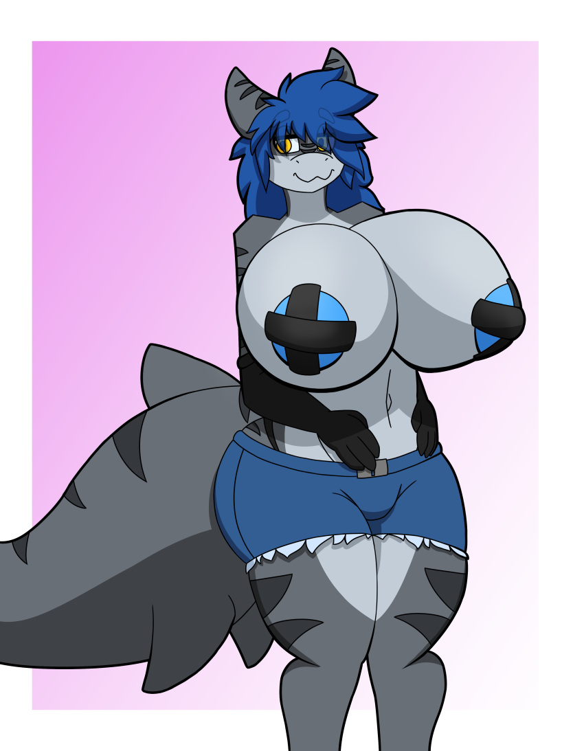 absurd_res anthro armwear big_breasts big_butt big_tail blue_hair bottomwear breasts butt clothed clothing elbow_gloves female firepawdacat_(artist) fish gloves grey_body hair hand_on_stomach handwear hi_res hotpants huge_breasts huge_tail long_hair marine mostly_nude nipple_tape pasties shark shark_tail shorts solo standing stripes tail tape thick_thighs topless topless_female yellow_eyes