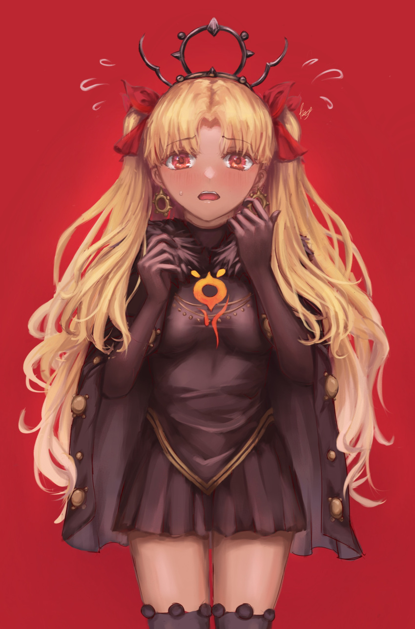 1girl absurdres bangs blonde_hair blush dark-skinned_female dark_skin earrings embarrassed ereshkigal_(fate) ereshkigal_alter_(fate) fate/grand_order fate_(series) highres jewelry long_hair looking_at_viewer oekaki parted_bangs red_background red_eyes red_ribbon ribbon rozenoroze simple_background solo upper_body very_long_hair