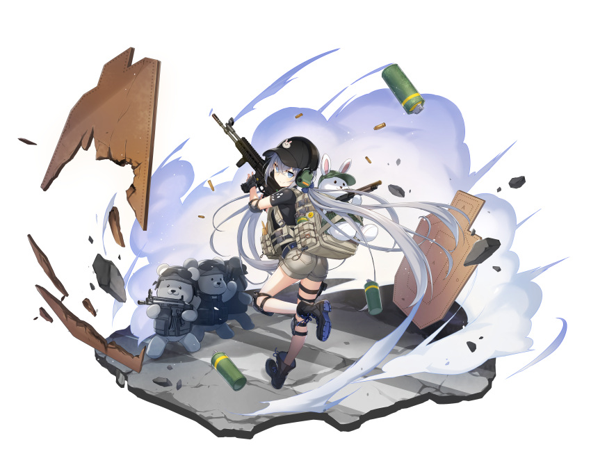 1girl absurdres alpha_transparency ass backpack bag blue_eyes counter:side ear_protection elbow_pads gun han_sorim hat highres holding holding_gun holding_weapon knee_guards long_hair looking_at_viewer official_art shorts smoke smoke_grenade stuffed_animal stuffed_rabbit stuffed_toy tachi-e target_practice teddy_bear weapon white_hair
