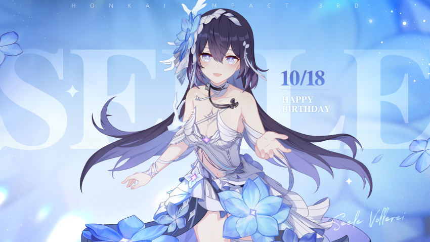 1girl bare_shoulders birthday blue_background breasts character_name chest_tattoo chinese_commentary colored_inner_hair dress flower hair_between_eyes hair_flower hair_ornament happy_birthday highres honkai_(series) honkai_impact_3rd long_hair looking_at_viewer medium_breasts multicolored_hair navel official_art official_wallpaper open_hands open_mouth seele_vollerei seele_vollerei_(herrscher_of_rebirth) signature solo tattoo white_dress white_headwear