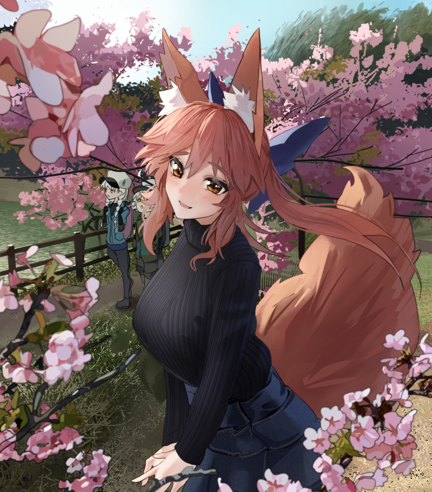 3girls absurdres animal_ear_fluff animal_ears backpack bag braid breasts cherry_blossoms day fangs fate/apocrypha fate/extra fate_(series) fence fox_ears fox_girl fox_tail grass green_eyes headpiece highres jack_the_ripper_(fate/apocrypha) large_breasts multiple_girls nursery_rhyme_(fate) obazzotto outdoors pink_hair ribbed_sweater river skirt smile sweater tail tamamo_(fate) tamamo_no_mae_(fate/extra) twin_braids white_hair yellow_eyes
