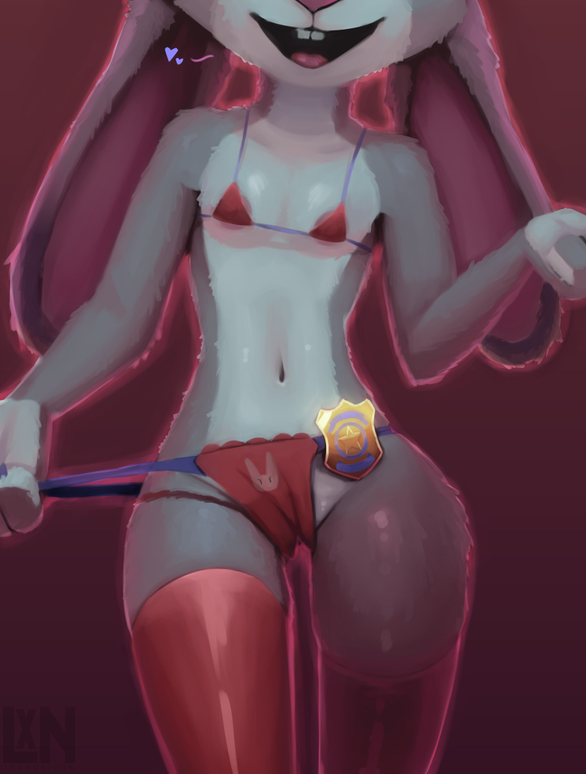 &lt;3 absurd_res anthro areola areola_slip big_ears bra breasts buckteeth camel_toe clothing disney female front_view fur grey_body grey_fur hi_res judy_hopps lagomorph legwear lennoxicon leporid lingerie long_ears mammal open_mouth panties police_badge rabbit red_clothing red_lingerie seductive slim small_breasts solo standing stockings teeth underwear zootopia