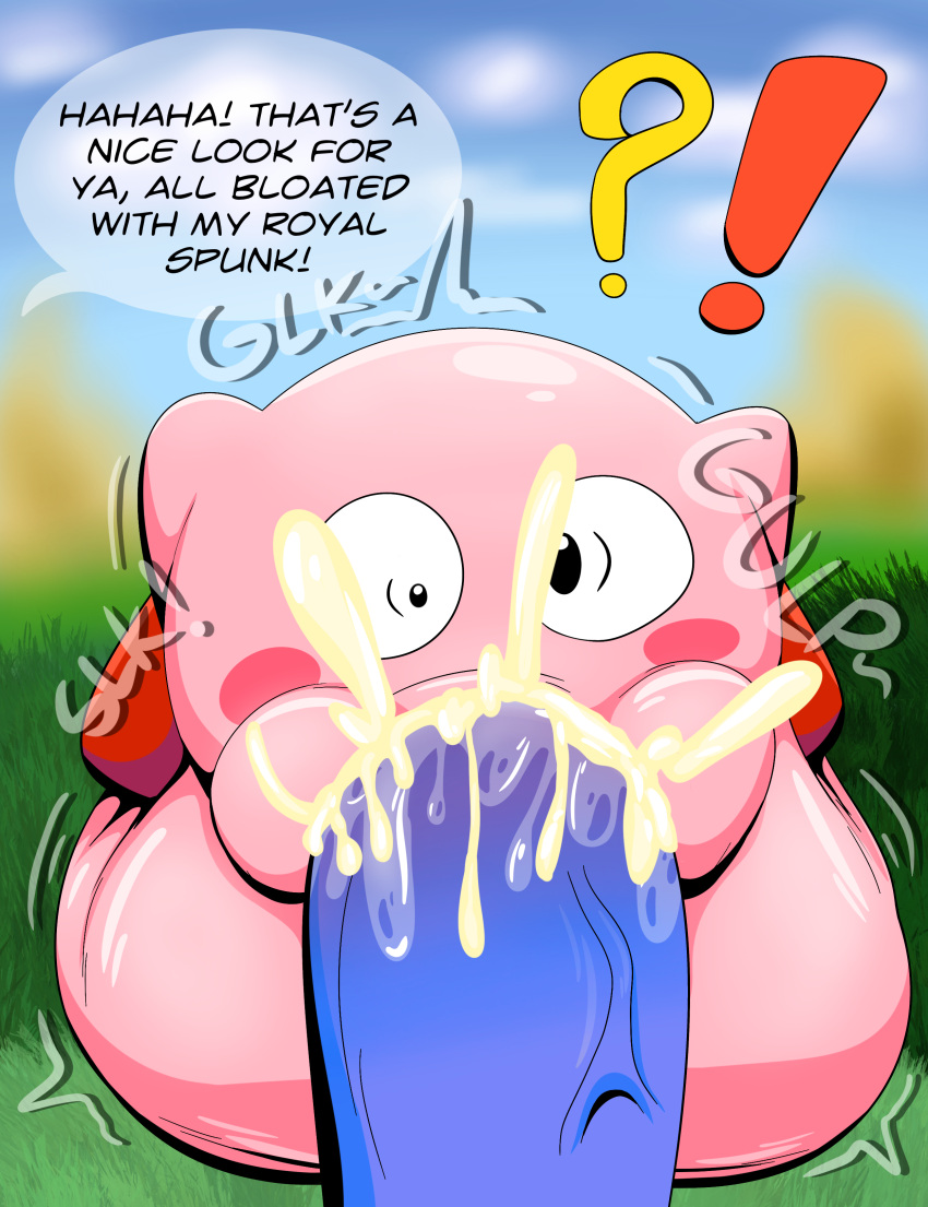 absurd_res belly big_dom_small_sub big_penis bodily_fluids cum cum_inflation cum_inside dialogue dominant duo genital_fluids genitals hi_res huge_penis hyper hyper_genitalia hyper_penis inflation king_dedede kirby kirby_(series) male male/male nintendo oral outdoor_sex penis saliva size_difference sucking tepigfan101