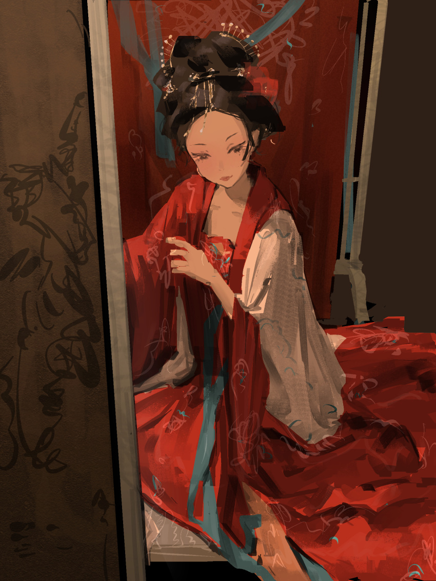 1girl bycii chinese_clothes dress hair_ornament hairpin hanfu highres lips long_dress oil_painting_(medium) original painting_(medium) sitting solo traditional_clothes traditional_media updo wide_sleeves yokozuwari