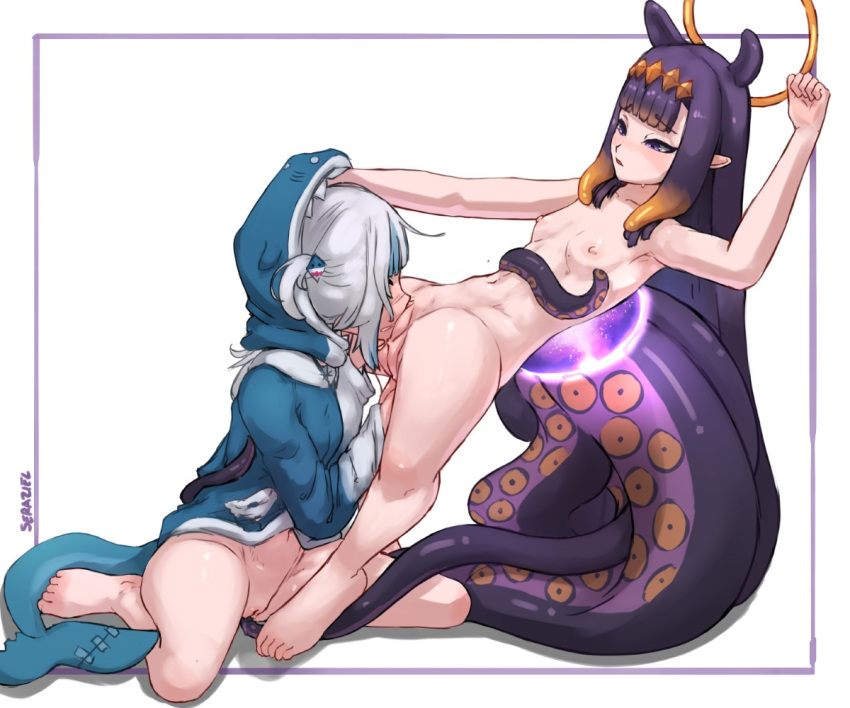 2girls artist_name barefoot blue_hoodie breasts cunnilingus feet fins fish_tail gawr_gura grey_hair halo hand_on_another's_head hololive hololive_english hood hood_up hoodie legs long_hair multiple_girls navel ninomae_ina'nis nipples oral pointy_ears purple_eyes purple_hair pussy seraziel shark_tail small_breasts tail tentacle_hair tentacles toes vaginal virtual_youtuber white_background yuri