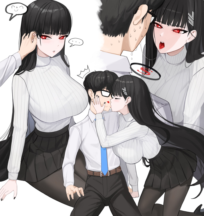 ... 1boy 1girl absurdres adjusting_another's_hair belt black_hair black_nails black_pantyhose black_skirt blue_archive blue_necktie blunt_bangs breasts bright_pupils brown_belt collared_shirt commentary_request ddog glasses hair_ornament hairclip halo heart hetero highres kiss large_breasts long_hair long_sleeves multiple_boys necktie opaque_glasses pantyhose pleated_skirt red_eyes ribbed_sweater rio_(blue_archive) saliva school_uniform sensei_(blue_archive) shirt shirt_tucked_in sidelocks simple_background skirt spoken_ellipsis spoken_smile sweat sweater turtleneck turtleneck_sweater white_pupils white_shirt white_sweater