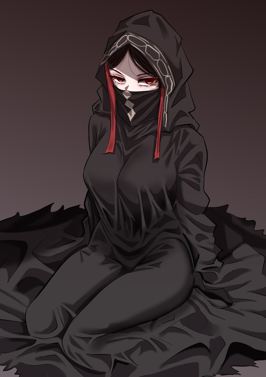 1girl absurdres angry black_cloak black_hair breasts cloak covered_mouth covered_nipples fate/strange_fake fate_(series) forehead full_body gradient_background grey_background highres hood hood_up hooded_cloak large_breasts legs long_hair looking_at_viewer no_name_assassin_(fate) red_eyes red_ribbon ribbon sitting sleeves_past_fingers sleeves_past_wrists solo wariza woo_(woosan)