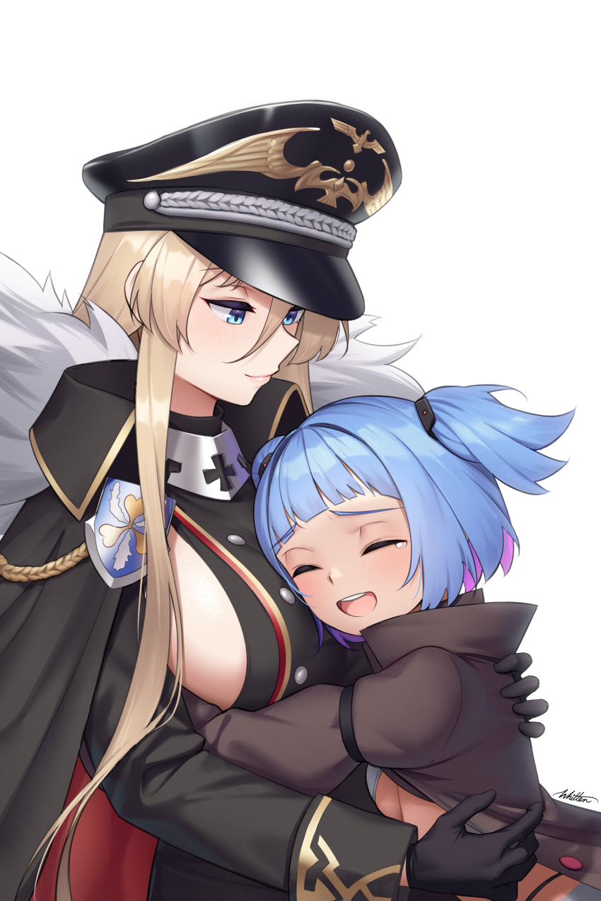 2girls absurdres azur_lane bismarck_(azur_lane) bismarck_(coat_of_arms) bismarck_zwei_(azur_lane) blue_hair breasts brown_jacket cape closed_eyes coat_of_arms cross fur-trimmed_cape fur_trim hat highres imperial_german_flag iron_blood_(emblem) iron_cross jacket large_breasts military_hat multiple_girls peaked_cap tears u-556_(azur_lane) white_background whitter