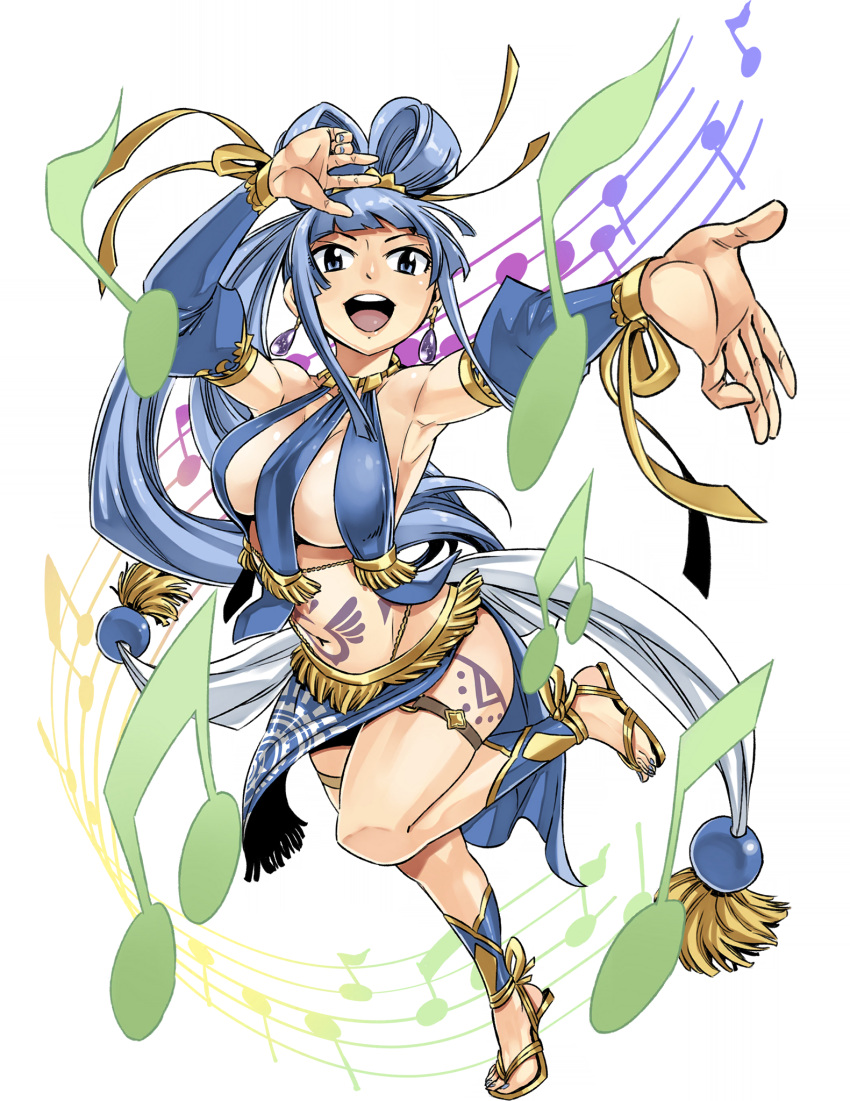 1girl blue_eyes blue_hair blue_sleeves breast_curtains breasts chloe_(gate_of_nightmares) detached_sleeves earrings full_body gate_of_nightmares highres jewelry large_breasts long_hair looking_at_viewer mashima_hiro musical_note official_art open_mouth pelvic_curtain ponytail sandals simple_background solo teeth transparent_background upper_teeth_only