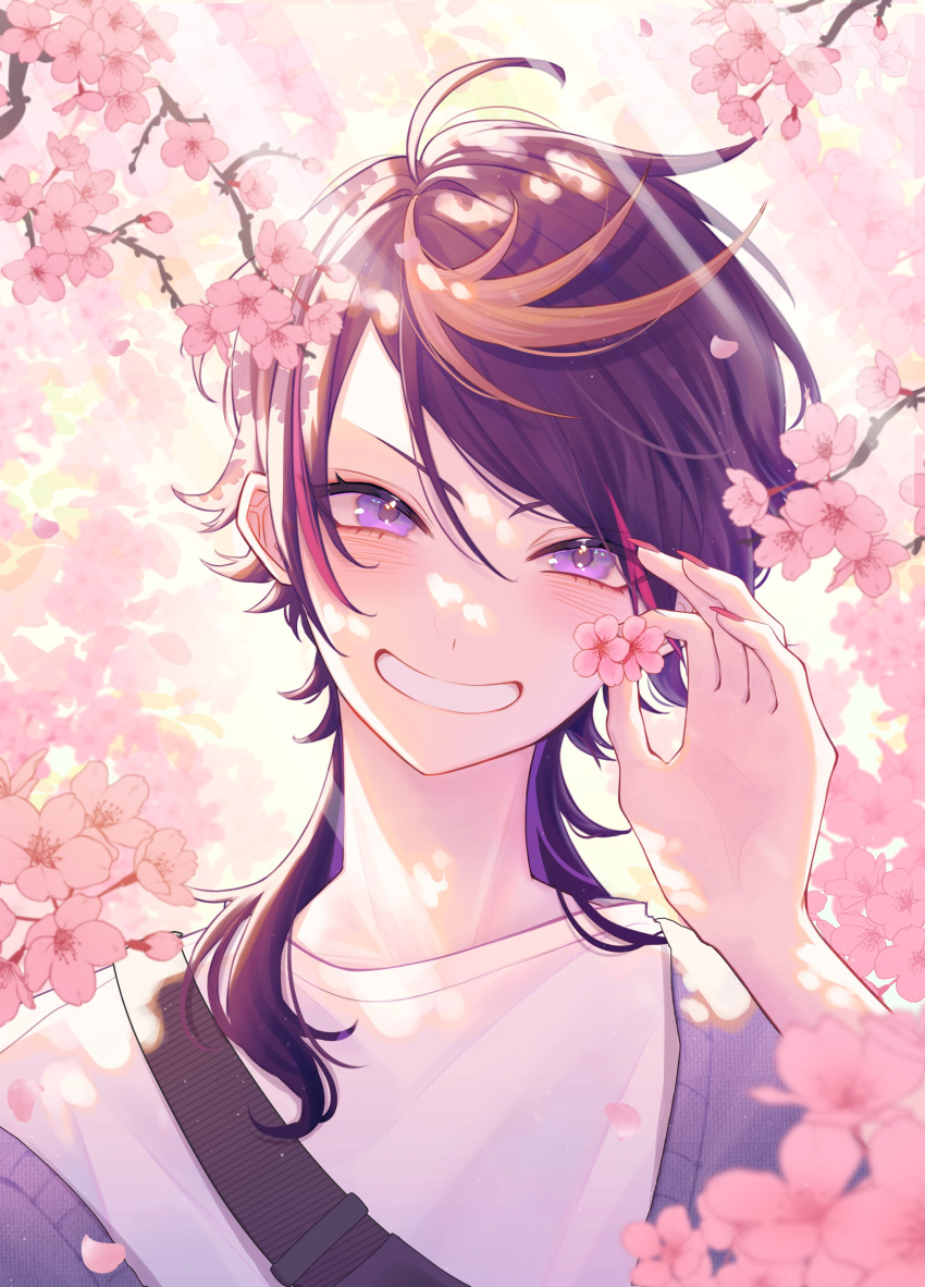 1boy absurdres ahoge black_hair blonde_hair blurry blurry_background blurry_foreground blush branch cardigan cherry_blossoms commentary english_commentary eyelashes falling_petals fingernails flower grin hair_between_eyes hand_up highres holding holding_flower light_particles light_rays long_fingernails long_hair looking_at_viewer male_focus mochigome_(yum) multicolored_hair nail_polish nijisanji nijisanji_en off_shoulder open_cardigan open_clothes parted_bangs petals pink_flower pink_hair purple_cardigan purple_eyes purple_hair red_nails shirt shu_yamino sidelocks smile solo streaked_hair swept_bangs teeth upper_body v-shaped_eyebrows virtual_youtuber white_shirt