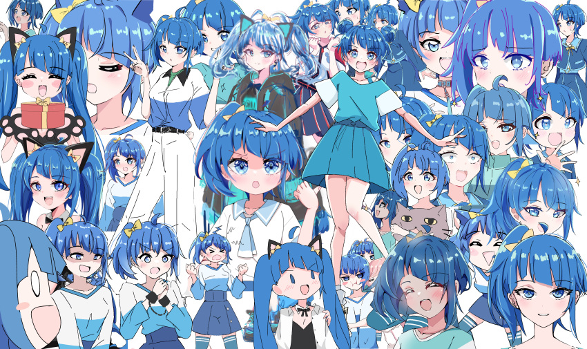 1girl absurdres animal_ears belt black_jacket blue_choker blue_dress blue_eyes blue_hair blue_jacket blue_necktie bow cat_ears choker closed_eyes collage dress full_body gift hair_bow highres hirogaru_sky!_precure holding holding_gift holding_pillow jacket long_hair looking_at_viewer multiple_views necktie nuanko pants pillow precure shirt short_hair side_ponytail sora_harewataru twintails v white_pants white_shirt yellow_bow