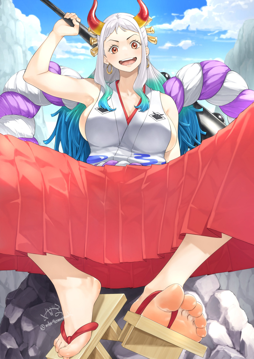 1girl absurdres aqua_hair arm_up armpits blue_hair blush breasts cleavage club_(weapon) dorsiflexion earrings feet forehead foreshortening geta gradient_hair grey_hair hakama hakama_skirt highres holding horns japanese_clothes jewelry kimono large_breasts long_hair mbr90munouk multicolored_hair multicolored_horns one_piece open_mouth orange_eyes orange_horns outdoors parted_bangs red_hakama red_horns sandals shadow sideless_outfit signature sitting skirt sleeveless sleeveless_kimono solo toenails toes twitter_username upper_body weapon yamato_(one_piece) yellow_horns