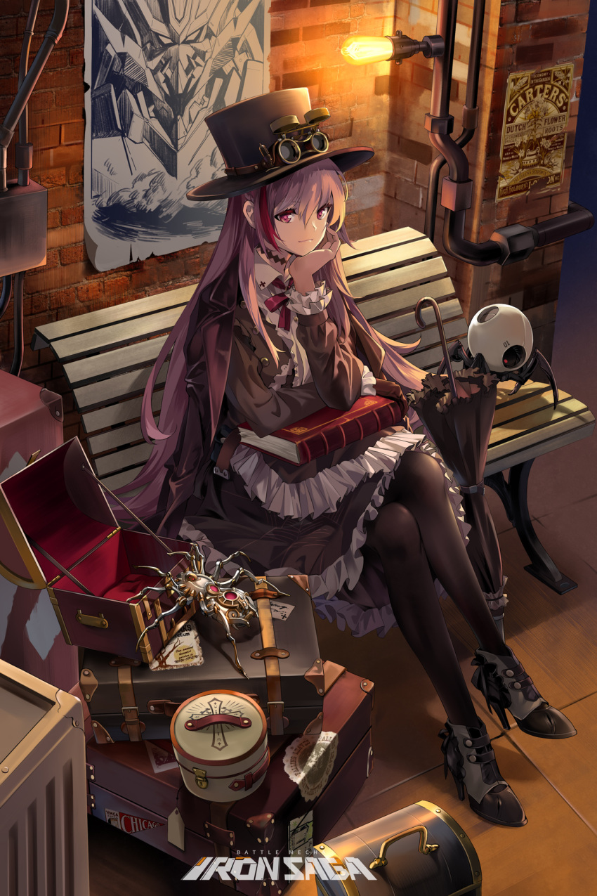 1girl artist_request belt book briefcase bug hat highres iron_saga light_bulb multicolored_hair official_art poster_(object) purple_eyes purple_hair red_hair robot sitting_on_bench spider umbrella