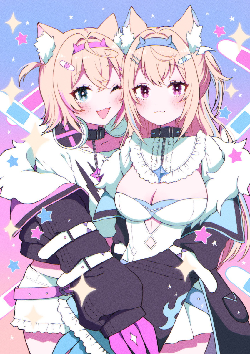 2girls :3 animal_ear_fluff animal_ears belt belt_collar black_collar blonde_hair blue_belt blue_eyes blue_hair blush breasts cleavage cleavage_cutout clothing_cutout collar cropped_jacket cropped_shirt dog_ears dog_girl dress fake_claws frilled_shorts frills fur-trimmed_jacket fur_trim fuwawa_abyssgard headphones headphones_around_neck highres hololive hololive_english jacket large_breasts long_hair looking_at_viewer maumauma_mau medium_hair mococo_abyssgard multicolored_hair multiple_girls one_eye_closed open_mouth pink_belt pink_eyes pink_hair shirt short_shorts shorts siblings sidelocks sisters smile spiked_collar spikes streaked_hair twins two_side_up white_dress white_shirt white_shorts