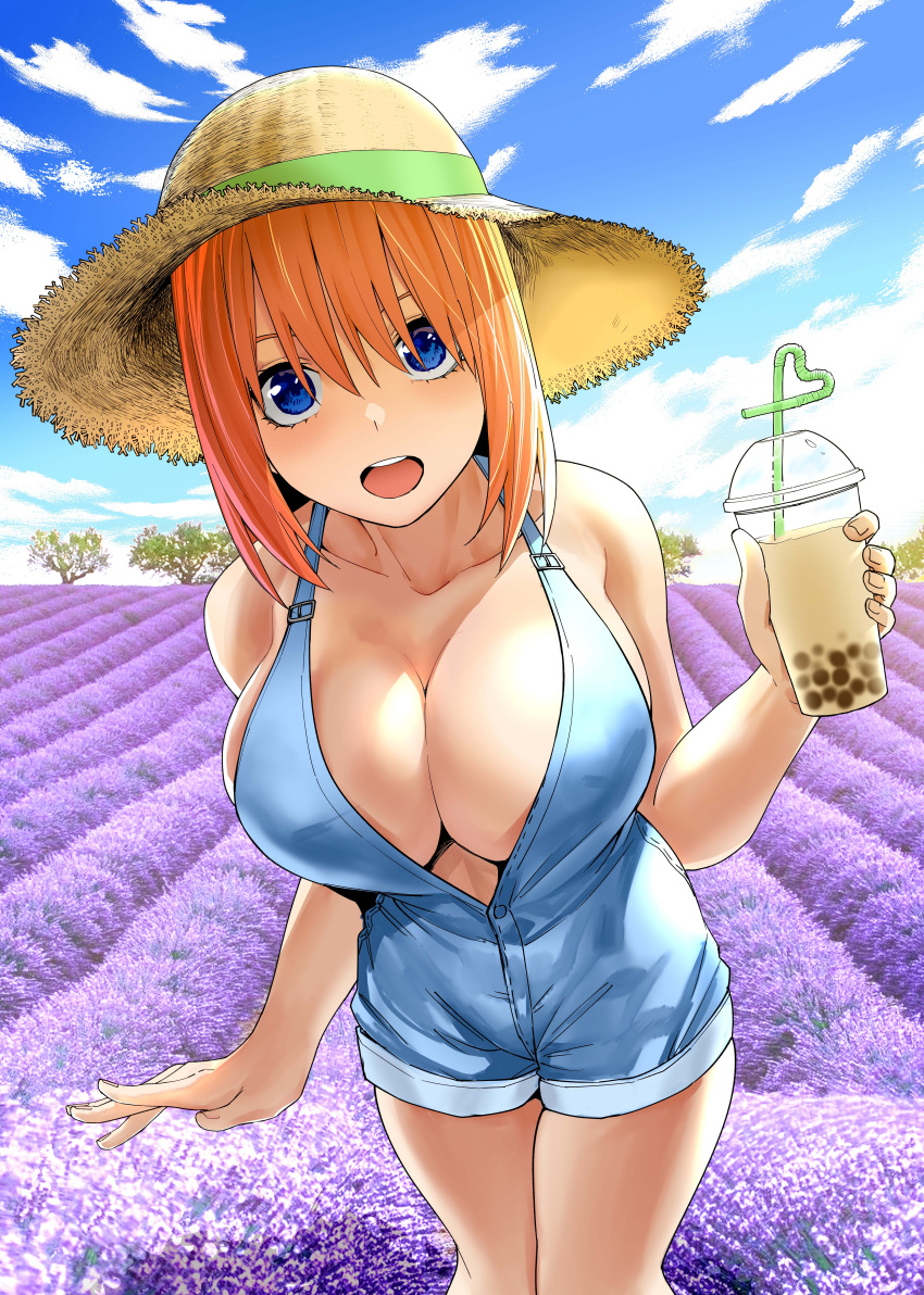 1girl absurdres alternate_costume bare_arms bare_shoulders blue_eyes blue_sky blurry breasts bubble_tea casual cleavage cloud collarbone commentary_request cowboy_shot crazy_straw cup day depth_of_field drinking_straw eyebrows_hidden_by_hair eyelashes facing_viewer fingernails flower garden go-toubun_no_hanayome hair_between_eyes hat heart_straw highres hokkaido holding holding_cup kosmos_beta large_breasts lavender_(flower) leaning_forward light_blush looking_at_viewer medium_hair nakano_yotsuba no_bra orange_hair outdoors paid_reward_available perspective sidelighting sky solo standing straight-on straw_hat wide-eyed