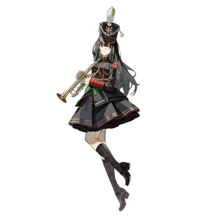 1girl black_dress black_footwear black_hair black_socks bow dress dress_bow full_body girls'_frontline green_bow green_hair grey_eyes grin hat hat_feather highres holding holding_instrument instrument kneehighs long_hair long_sleeves looking_to_the_side m4a1_(girls'_frontline) m4a1_(sunshine_through_the_pines)_(girls'_frontline) marching_band multicolored_hair nunuan official_alternate_costume official_art shako_cap simple_background smile socks solo standing standing_on_one_leg streaked_hair transparent_background trumpet