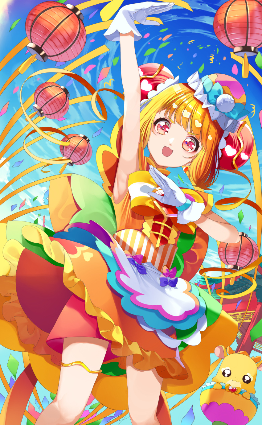 1girl absurdres apron arm_up armpits back_bow blonde_hair blue_sky bob_cut bow brooch bun_cover china_dress chinese_clothes clothes_lift commentary cure_yum-yum day delicious_party_precure dress dress_lift frilled_dress frills gloves hair_bun hanamichi_ran heart_brooch highres huge_bow jewelry lantern looking_at_viewer magical_girl mem-mem_(precure) open_mouth orange_bow orange_dress orange_hair outdoors paper_lantern precure red_eyes red_shorts short_dress short_hair shorts shorts_under_dress sky sleeveless sleeveless_dress smile solo standing streamers triple_bun waist_apron white_gloves wind wind_lift yuutarou_(fukiiincho)