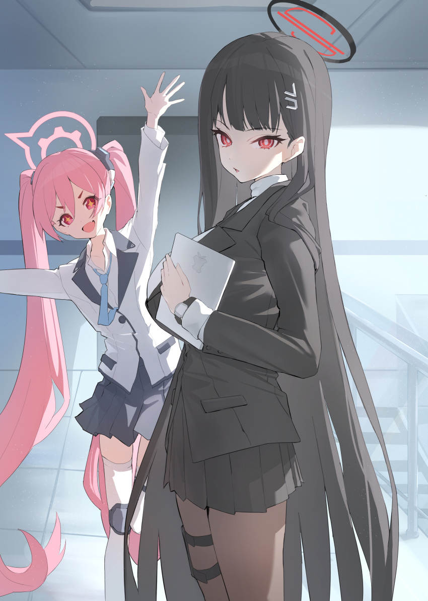 2girls absurdres applepie_(12711019) black_jacket black_pantyhose black_skirt blazer blue_archive blush breasts flat_chest halo highres holding holding_tablet_pc huge_breasts jacket koyuki_(blue_archive) long_hair looking_at_viewer multiple_girls outstretched_arms pantyhose pink_hair pleated_skirt rio_(blue_archive) skirt smile straight_hair tablet_pc twintails very_long_hair watch wristwatch