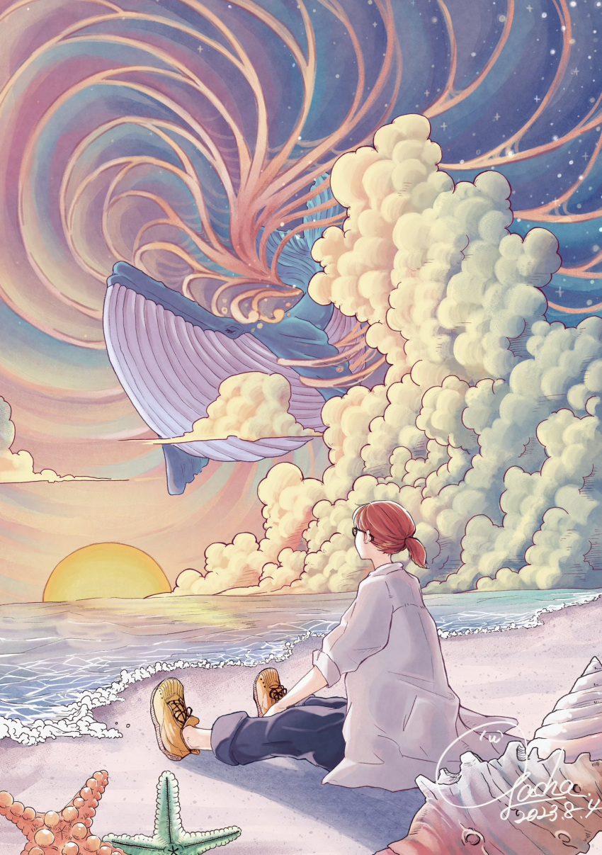 1girl animal blue_pants cloud cloudy_sky dated flying_whale from_behind gacha_(gcp358) glasses highres lab_coat medium_hair on_ground original pants ponytail red_hair sand shadow shore signature sitting sky solo starfish sun sunset water whale