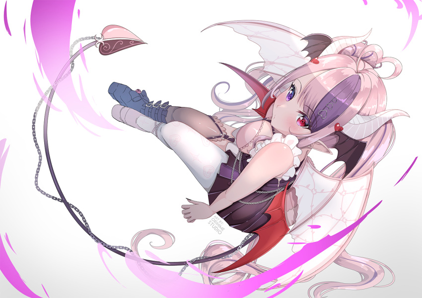 1girl ahoge black_footwear black_nails blush boots breasts demon_girl demon_tail demon_wings head_wings heart heart_ahoge heterochromia ironmouse ironmouse_(13th_costume) large_breasts long_hair looking_at_viewer mary_janes multicolored_hair multiple_wings nail_polish o-ring o-ring_thigh_strap orihimestudio pink_footwear pink_hair pink_shirt pink_theme pointy_ears purple_eyes purple_hair red_eyes shirt shoes sleeveless sleeveless_shirt streaked_hair tail thigh_strap thighhighs two_side_up virtual_youtuber vshojo white_thighhighs wings