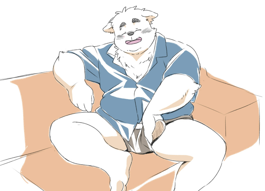 2023 anthro blush canid canine canis clothing domestic_dog eyes_closed furniture hi_res inunoshippo kemono male mammal overweight overweight_male shirt sitting sofa solo topwear underwear