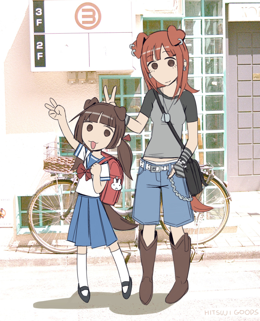 absurd_res aged_down animal_humanoid asian_clothing backpack bottomwear brown_hair bunny_ears_(gesture) canid canid_humanoid canine canine_humanoid child clothing dog_humanoid duo ear_piercing ear_ring east_asian_clothing female gesture hair hi_res hitsujigoods humanoid japanese_clothing japanese_school_uniform mammal mammal_humanoid mitsubishi_doggy piercing pigtails purse randoseru red_hair ring_piercing school_uniform serafuku shorts sibling_(lore) sister_(lore) sisters_(lore) skirt teenager uniform vhs_doggy waving young