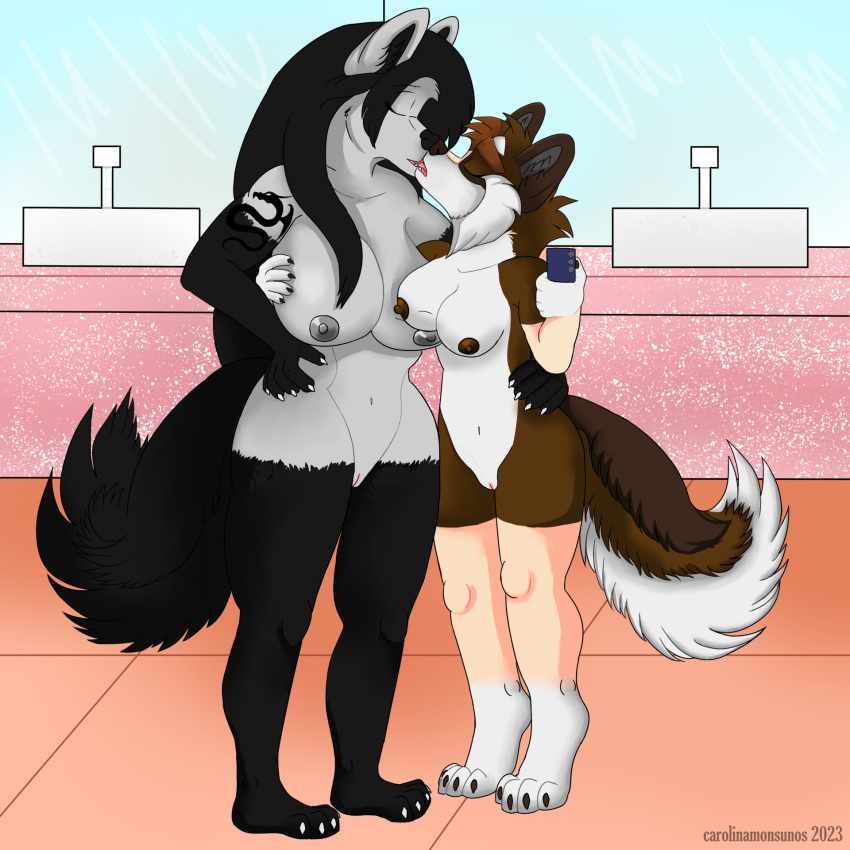 akari_(lloyd92) anthro anthrofied areola arm_tattoo bathroom big_breasts black_body black_fur black_hair breast_grab breasts brown_body brown_fur butt canid canine canis cellphone cheek_tuft digital_media_(artwork) duo eyes_closed facial_tuft female female/female fingers fluffy fluffy_tail french_kissing fur generation_3_pokemon genitals grey_body grey_fur hair hand_on_breast hand_on_hip hi_res holding_object huge_breasts kiss_on_lips kissing long_hair mammal mightyena mirror mirror_selfie nintendo nipples nude open_mouth panini_(panininha) panininha passionate passionate_kiss phone photo pokemon pokemon_(species) public_restroom pussy selfie sink size_difference smartphone tail tattoo teeth thick_thighs tiptoes tongue tongue_out tuft white_body white_fur wolf