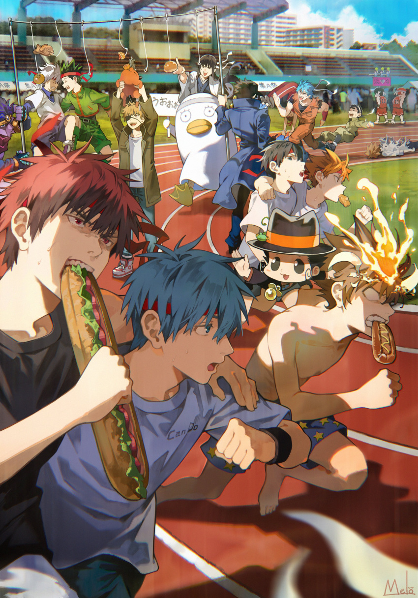 absurdres blue_eyes blue_hair blue_sky building chainsaw_man character_request chibi chibi_inset collared_jacket copyright_request crossover eating food gon_freecss grass green_jacket haikyuu!! headband highres hinata_shouyou hot_dog hunter_x_hunter jacket kagami_taiga kageyama_tobio killua_zoldyck kuroko_no_basuke kuroko_tetsuya kyuuba_melo male_focus marathon multiple_boys open_clothes open_jacket outdoors pochita_(chainsaw_man) red_eyes red_headband running running_track sandwich shirt signature single_arm_hug sky slam_dunk_(series) topless_male white_shirt