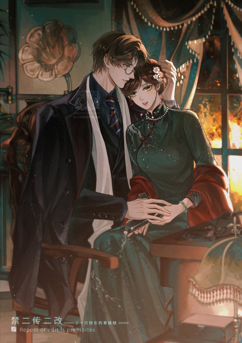 1boy 1girl artem_wing_(tears_of_themis) black_coat black_jacket blue_eyes blue_necktie blue_shirt bracelet brown_hair china_dress chinese_clothes closed_mouth coat collared_shirt curtains dress flower green_dress green_eyes hair_flower hair_ornament highres indoors jacket jewelry kuailewa long_hair long_sleeves looking_at_viewer necktie parted_lips rosa_(tears_of_themis) shirt sitting sitting_on_lap sitting_on_person table tears_of_themis white_flower