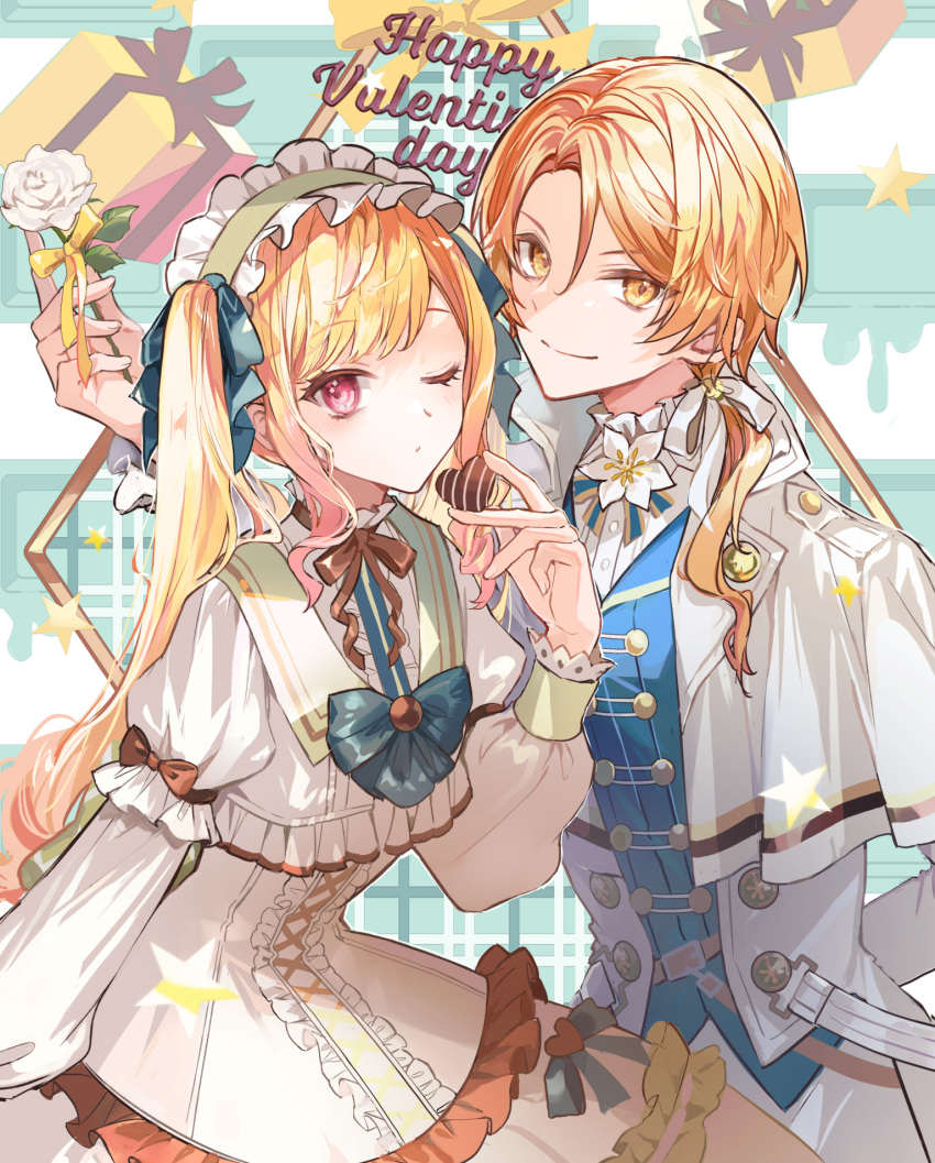1boy 1girl blonde_hair brother_and_sister candy chocolate closed_mouth dress flower food hairband happy_valentine heart heart-shaped_chocolate highres himitsu_no_valentine_daisakusen!_(project_sekai) holding holding_flower idol_clothes jacket lolita_hairband long_hair low_ponytail multicolored_hair one_eye_closed orange_eyes pink_eyes pink_hair poppoman project_sekai rose siblings side_ponytail smile tenma_saki tenma_tsukasa twintails vest white_flower white_rose