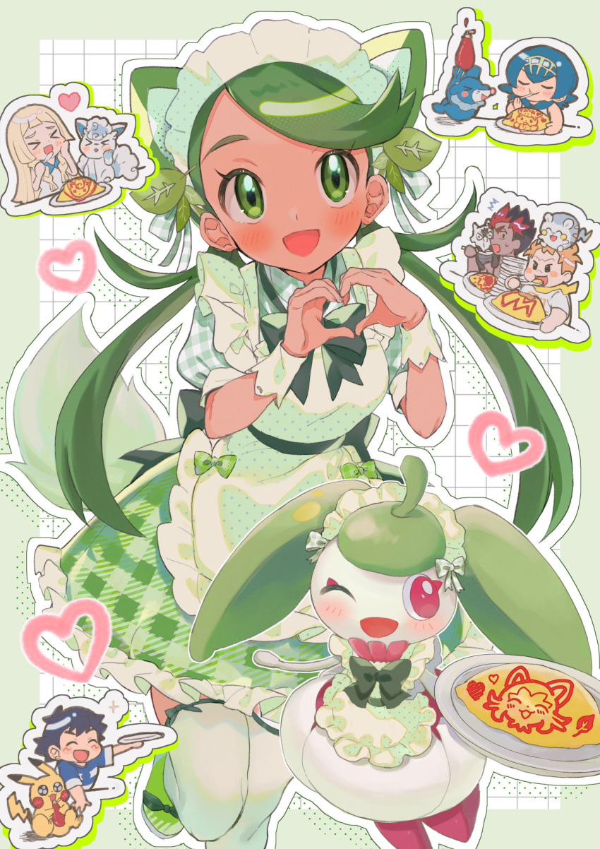 3boys 3girls :d abe_(kumayu) alolan_marowak alolan_vulpix alternate_costume apron ash_ketchum blush commentary_request dress eyelashes food frills green_dress green_eyes green_hair headdress heart heart_hands highres kiawe_(pokemon) lana_(pokemon) leg_up lillie_(pokemon) long_hair looking_at_viewer mallow_(pokemon) multiple_boys multiple_girls omelet omurice open_mouth outline pikachu plate pokemon pokemon_(anime) pokemon_sm_(anime) popplio shoes short_sleeves smile sophocles_(pokemon) thighhighs togedemaru twintails wrist_cuffs