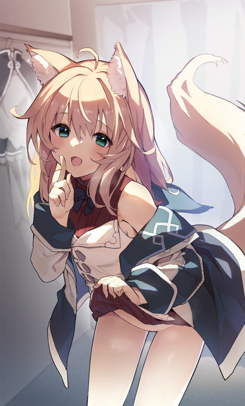 1girl absurdres ahoge animal_ear_fluff animal_ears bare_shoulders blonde_hair blurry blurry_background blush clothes_lift finger_to_mouth fox_ears fox_girl fox_tail green_eyes hair_between_eyes highres indoors leaning_forward lifted_by_self long_hair long_sleeves looking_at_viewer no_panties off_shoulder open_mouth original sawayaka_samehada sidelocks solo standing tail tail_raised