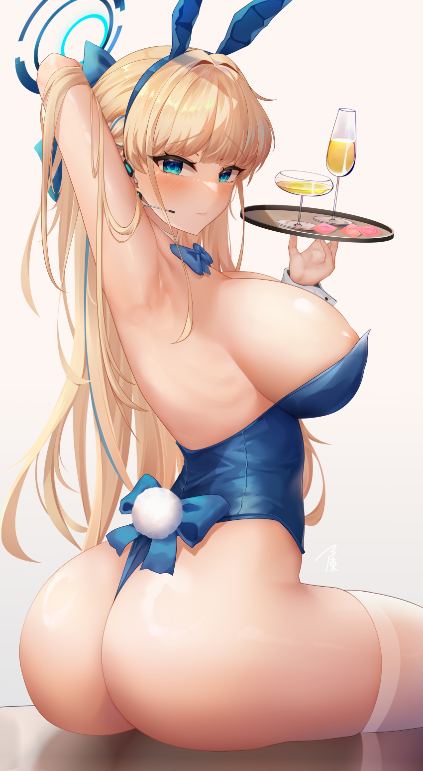 1girl absurdres alternate_breast_size animal_ears areola_slip arm_up armpits ass blonde_hair blue_archive blue_eyes blue_leotard bow bowtie braid breasts condom cup detached_collar drinking_glass fake_animal_ears fake_tail halo highres holding holding_tray laochen large_breasts leotard long_hair looking_at_viewer multicolored_hair official_alternate_costume playboy_bunny rabbit_ears rabbit_tail solo strapless strapless_leotard streaked_hair tail thighhighs thighs toki_(blue_archive) toki_(bunny)_(blue_archive) tray very_long_hair white_background white_thighhighs wine_glass wrist_cuffs