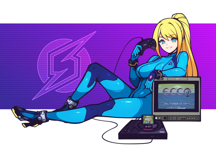 1girl absurdres bacon_strips blonde_hair blue_bodysuit blue_eyes bodysuit breasts commission controller game_console game_controller gamepad high_heels highres looking_at_viewer metroid playstation_2 ponytail samus_aran sitting smile solo