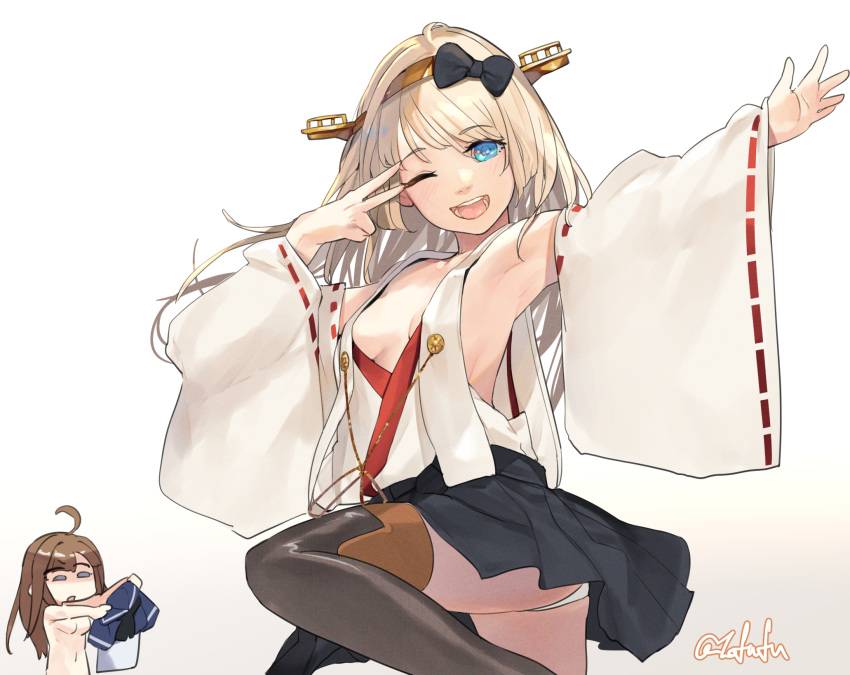 2girls ahoge bad_anatomy bare_shoulders black_skirt blonde_hair brown_hair cosplay costume_switch detached_sleeves dress fuwafuwatoufu grey_eyes hairband headgear highres holding holding_clothes holding_dress japanese_clothes jervis_(kancolle) jervis_(kancolle)_(cosplay) kantai_collection kongou_(kancolle) kongou_(kancolle)_(cosplay) long_hair multiple_girls nontraditional_miko one-hour_drawing_challenge one_eye_closed open_mouth pantyhose pleated_skirt purple_eyes ribbon-trimmed_sleeves ribbon_trim skirt smile twitter_username white_pantyhose white_sleeves wide_sleeves
