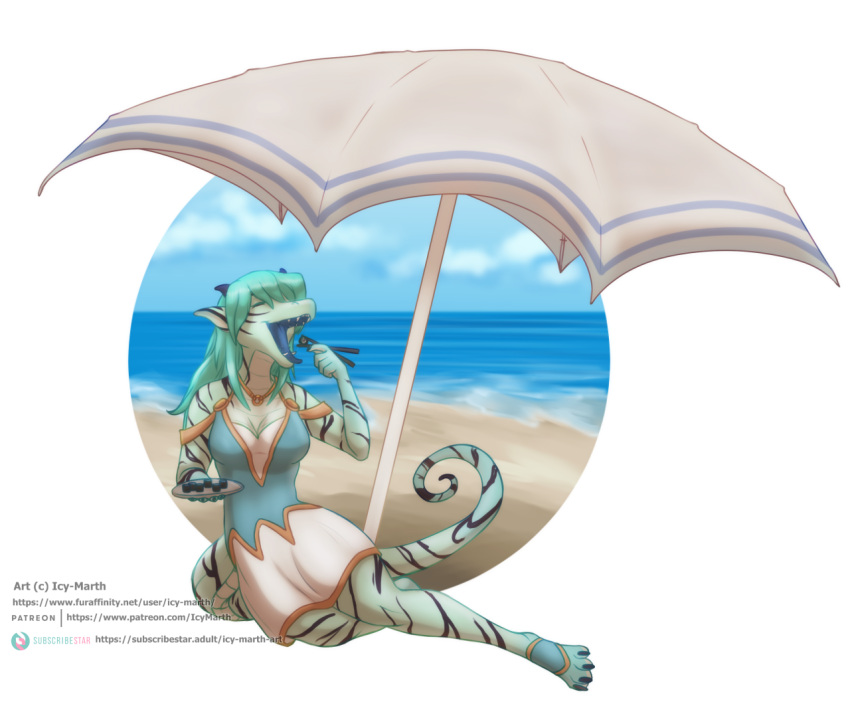 2023 4_toes 5_fingers alice_(sixthleafclover) anthro artist_name beach beach_umbrella belly_scales black_claws black_markings blue_clothing blue_dress blue_horn blue_mouth blue_tongue border breasts chopsticks circle_background claws clothed clothing curled_tail dragon dress eating eating_food eyes_closed feet female fingers food green_body green_hair green_scales hair holding_chopsticks holding_object holding_plate horn icy-marth lizard markings medium_breasts monotone_hair multicolored_clothing multicolored_dress open_mouth patreon_link reptile scales scalie sea seaside sitting sky solo subscribestar_link subscribestar_logo sushi tail teeth toes tongue tongue_out two_tone_clothing two_tone_dress water white_border white_clothing white_dress