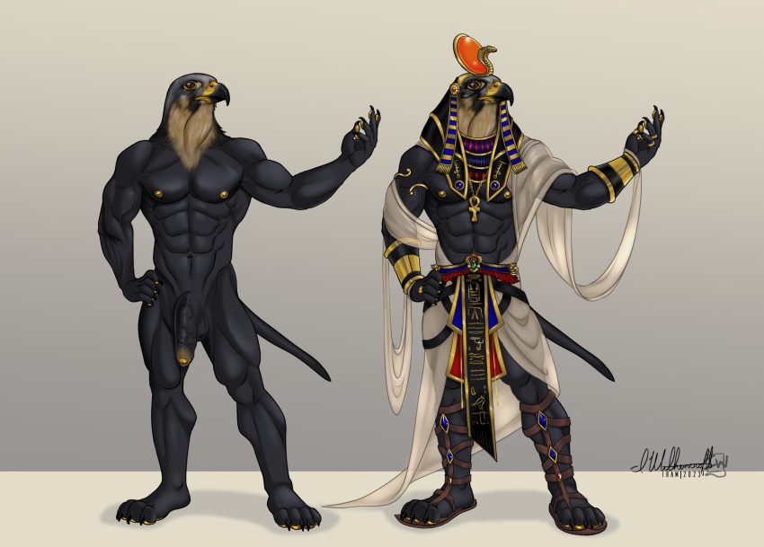 2023 abs ankh anthro avian balls beak bird clothed clothing earth_ookami_iram egyptian_clothing falcon falconid foreskin genitals hi_res hieroglyphics humanoid_genitalia humanoid_penis male nipples nude penis simple_background solo standing vein
