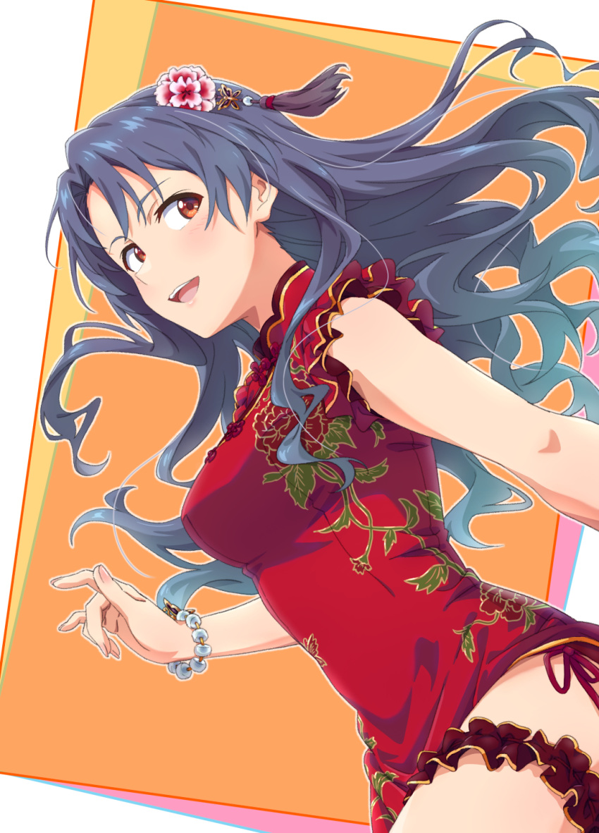 1girl bare_shoulders black_hair blush bracelet breasts china_dress chinese_clothes cowboy_shot dress floral_print frilled_dress frills from_side grid_background hair_ornament hand_up highres idolmaster idolmaster_million_live! idolmaster_million_live!_theater_days jewelry long_hair looking_at_another medium_breasts multicolored_background no_eyewear open_mouth print_dress red_dress red_eyes sanada_(tony2035176) smile solo takayama_sayoko teeth thigh_strap upper_teeth_only