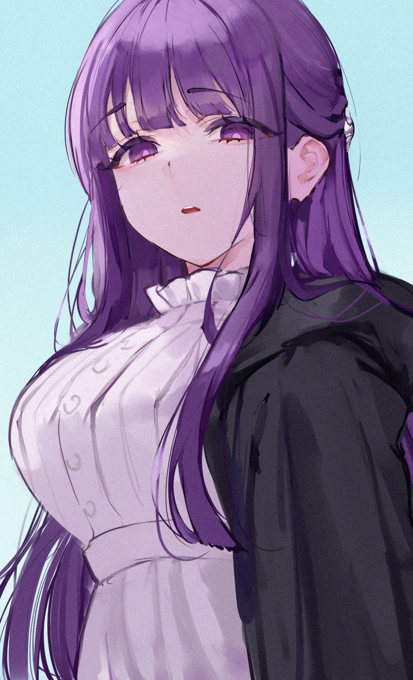 1girl absurdres black_jacket blue_background breasts cut_bangs dress fern_(sousou_no_frieren) highres jacket large_breasts long_hair looking_at_viewer mile_(off8mile) open_clothes open_jacket parted_lips purple_eyes purple_hair simple_background solo sousou_no_frieren upper_body white_dress