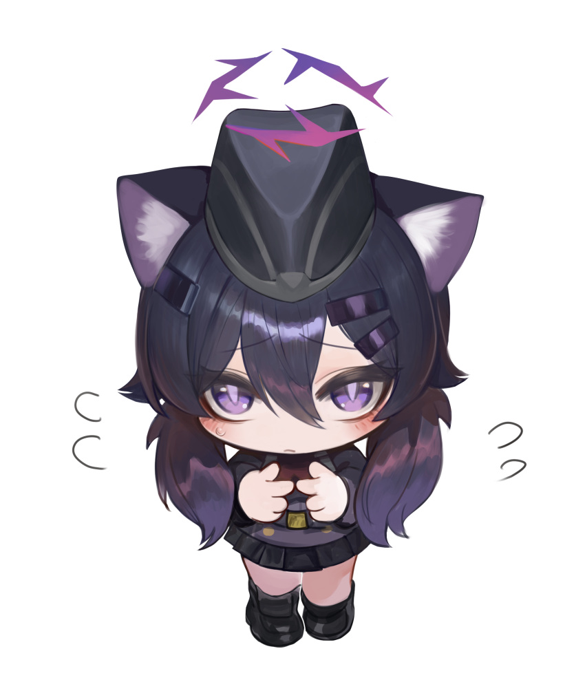 1girl absurdres animal_ear_fluff animal_ears black_footwear black_hair black_headwear black_skirt blue_archive blush chibi commentary_request dokomon flying_sweatdrops from_above full_body garrison_cap hair_between_eyes hair_ornament hairclip halo haruka_(blue_archive) hat highres jacket kemonomimi_mode korean_commentary long_hair long_sleeves looking_at_viewer looking_up low_twintails pleated_skirt purple_eyes purple_hair purple_jacket shoes simple_background skirt solo standing twintails very_long_hair white_background