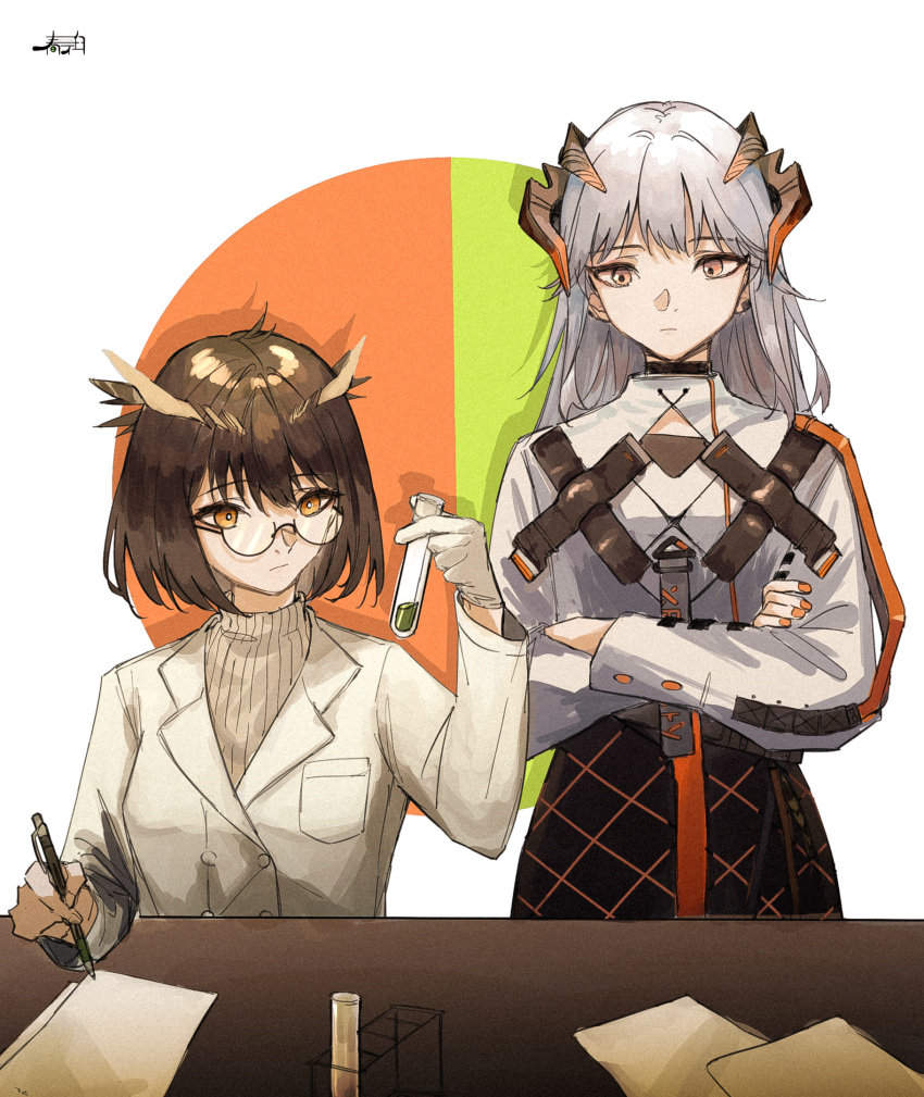 2girls arknights black_skirt brown_eyes brown_hair brown_sweater closed_mouth crossed_arms glasses gloves grey_hair harukan_tiusu highres holding holding_pen horns jacket long_hair long_sleeves multiple_girls nail_polish orange_eyes orange_nails pen puffy_long_sleeves puffy_sleeves ribbed_sweater saria_(arknights) semi-rimless_eyewear shirt silence_(arknights) single_glove skirt sweater under-rim_eyewear vial white_background white_gloves white_jacket white_shirt