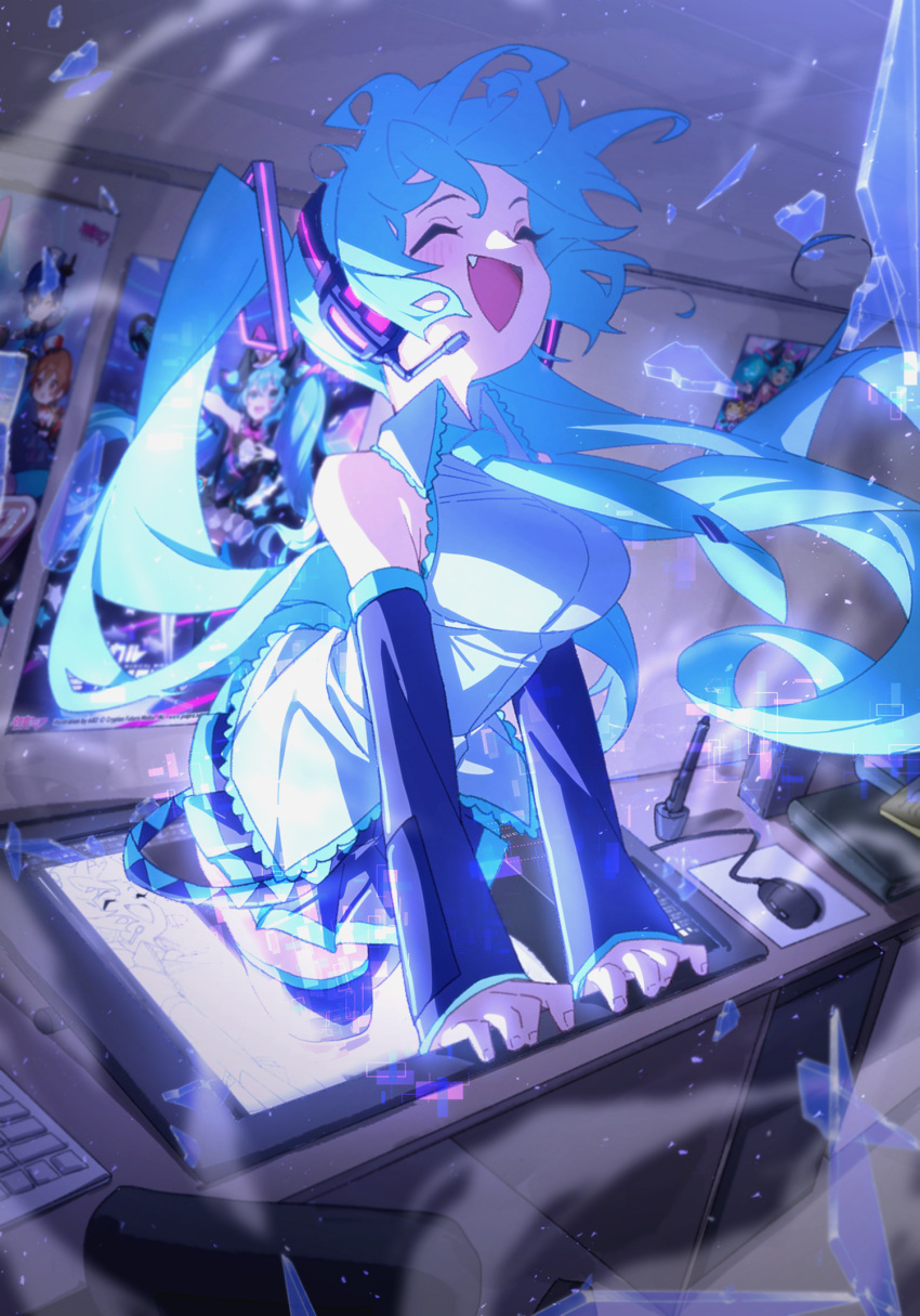 1girl ^_^ aqua_hair aqua_necktie black_skirt black_sleeves black_thighhighs blush book breasts closed_eyes collared_shirt desk detached_sleeves drawing_tablet fang glass_shards grey_shirt hair_ornament hatsune_miku headphones headset highres indoors long_hair medium_breasts miniskirt mouse_(computer) necktie open_mouth pleated_skirt poster_(object) shirt skirt sleeveless sleeveless_shirt smile solo stylus takoongyi thighhighs through_screen twintails very_long_hair vocaloid