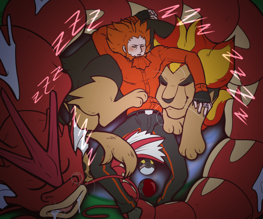 alternate_color gyarados highres lysandre_(pokemon) male_focus outdoors pokemon pokemon_(game) pokemon_sleep pyroar pyroar_(male) shiny_pokemon sleeping suns_(artist)