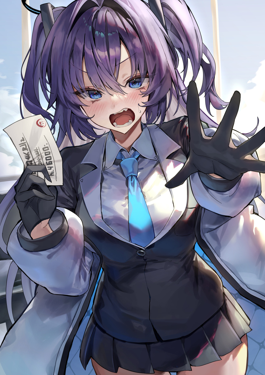 1girl absurdres black_gloves black_jacket black_skirt blazer blue_archive blue_eyes blue_necktie blush foreshortening gloves halo highres holding holding_paper jacket jacket_partially_removed kabi_(zcwd8845) looking_at_viewer necktie open_mouth paper pleated_skirt purple_hair receipt shirt skirt solo sweatdrop two-sided_fabric two-sided_jacket two_side_up white_shirt yuuka_(blue_archive)