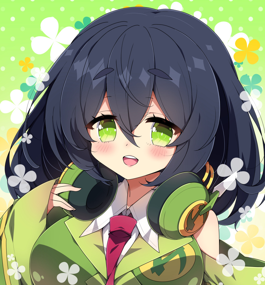1girl absurdres bare_shoulders black_hair blush breasts collared_shirt commentary_request floral_background green_background green_eyes green_jacket hair_between_eyes hand_up headphones headphones_around_neck highres jacket kyoumachi_seika large_breasts long_sleeves looking_at_viewer milkpanda necktie polka_dot polka_dot_background red_necktie shirt short_eyebrows sleeveless sleeveless_jacket sleeves_past_wrists solo thick_eyebrows upper_body voiceroid white_shirt wide_sleeves