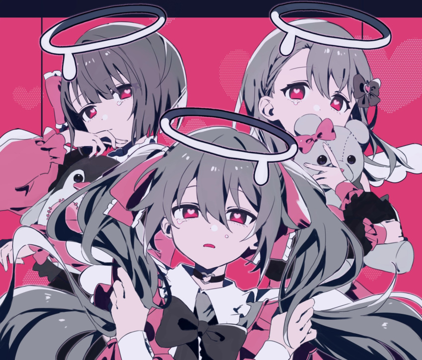 3girls angel angel_wings black_choker choker darling_dance_(vocaloid) greyscale_with_colored_background halo hanasato_minori hatsune_miku heart heart-shaped_pupils heart_o-ring heart_ring_choker highres kiritani_haruka long_sleeves looking_at_viewer melting_halo more_more_jump!_(project_sekai) more_more_jump!_miku multiple_girls parted_lips pink_background pink_eyes pink_shirt project_sekai puffy_long_sleeves puffy_sleeves shirt spot_color stuffed_animal stuffed_penguin stuffed_toy symbol-shaped_pupils tears uminokaisen upper_body vocaloid wings