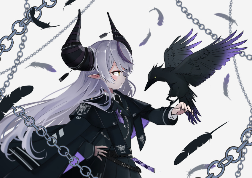 1girl absurdres bird bird_on_hand black_horns braid braided_bangs capelet coat coat_on_shoulders crow_(la+_darknesss) enochharbour feathers grey_hair highres hololive horn_ornament horns la+_darknesss multicolored_hair necktie pointy_ears purple_hair streaked_hair striped_horns virtual_youtuber