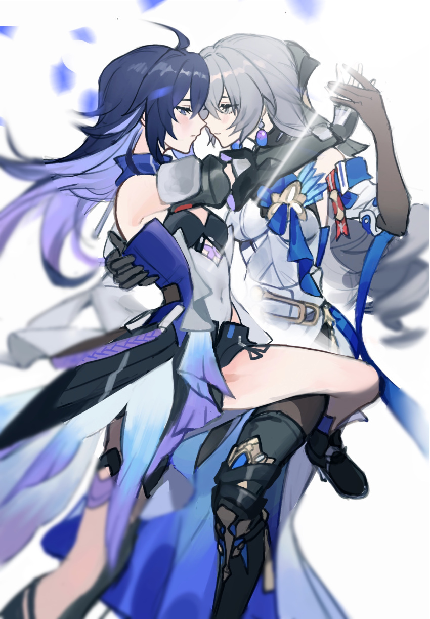 2girls absurdres ahoge arm_scarf bare_shoulders black_gloves blue_eyes blue_hair breasts bronya_rand brown_gloves closed_mouth dancing dress drill_hair earrings english_commentary fingerless_gloves gloves grey_eyes grey_hair highres holding_hands honkai:_star_rail honkai_(series) jewelry light_smile long_hair mie_xing multiple_girls seele_(honkai:_star_rail) simple_background small_breasts tango white_background white_dress yuri